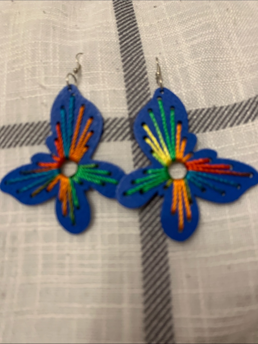 Bright Blue Butterfly  Earrings with Multicolor Stitch Detailing